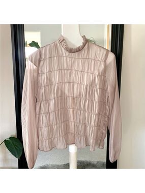 JUST FEMALE Sheer Taupe Long Sleeve High Ruffled Collar Blouse